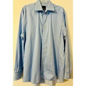 David Donahue MensBlue & White Striped Button-Up Shirt Size 16/34-35 Cotton